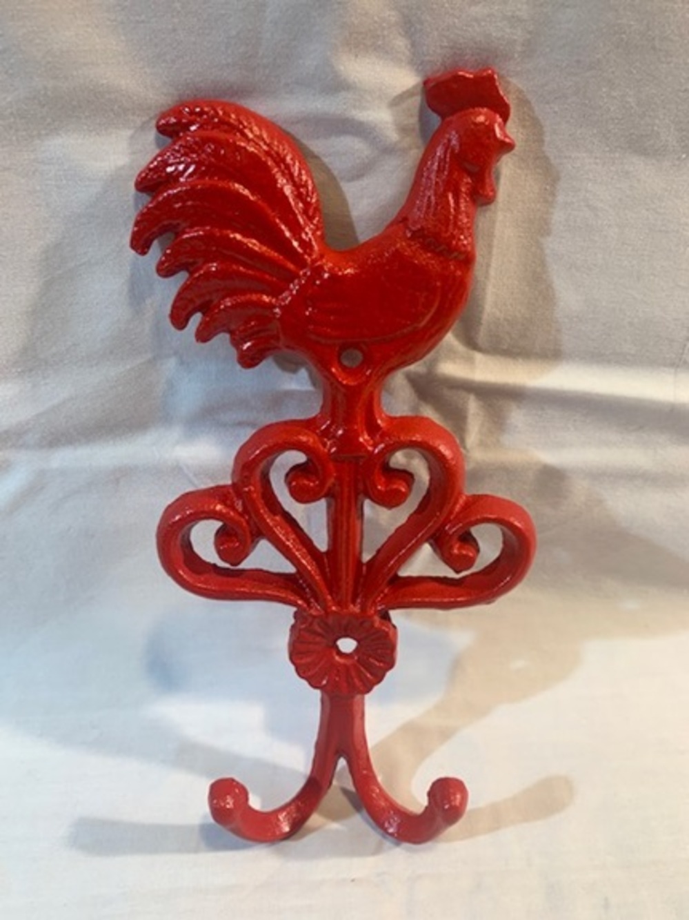 Red Cast Iron Rooster Wall Double Hook 9" tall by 4 3/4" wide 0569a